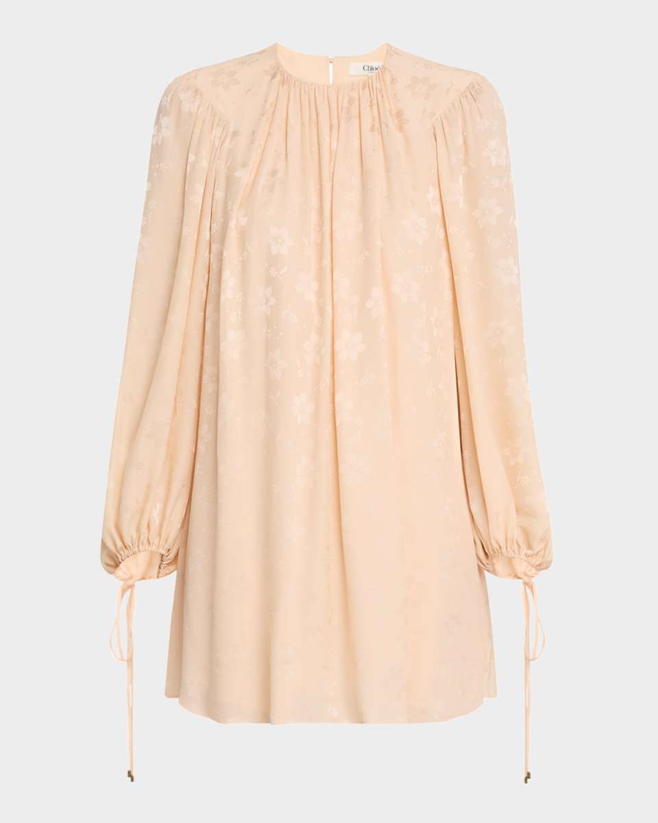 Floral Silk Jacquard Balloon-Sleeve Mini Dress